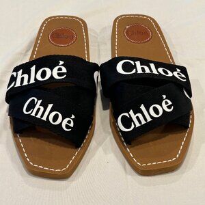 Chloe Woody Flat Black Logo Ribbon Slide Sandals Size 39